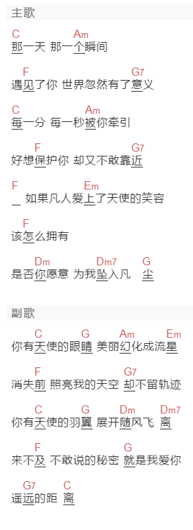 东城卫《天使的距离》吉他谱C调和弦谱(txt)1