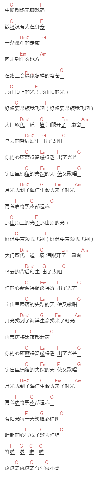 苏打绿《天天晴朗》吉他谱C调和弦谱(txt)1