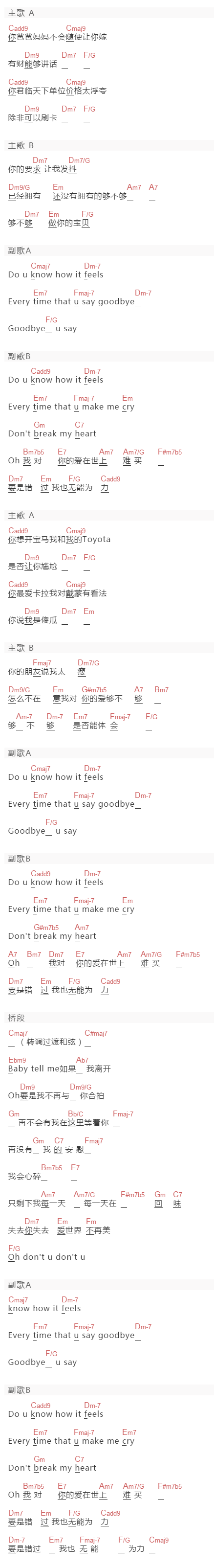 方大同《够不够》吉他谱C调和弦谱(txt)1