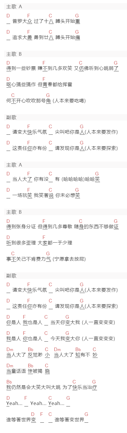 陈奕迅《大人》吉他谱C调和弦谱(txt)1