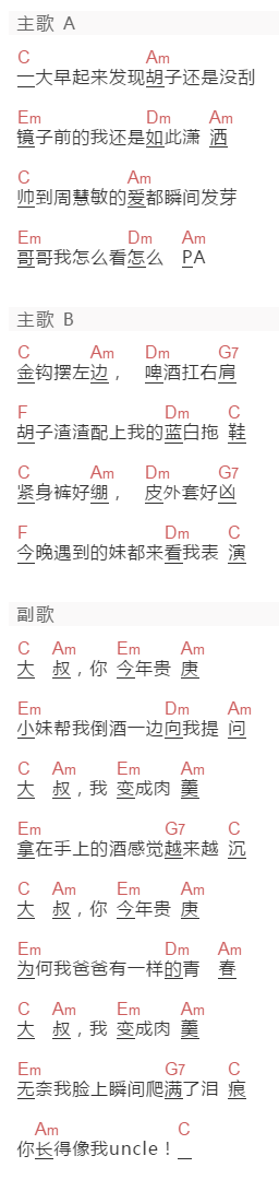 Mr.Woohoo《大叔》吉他谱C调和弦谱(txt)1