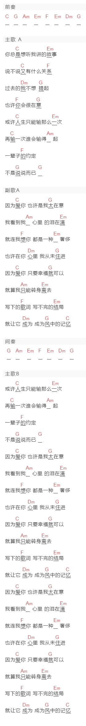 红棉乐队《因为爱你》吉他谱C调和弦谱(txt)1