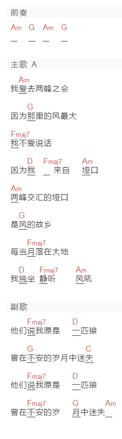 齐秦《垭口》吉他谱C调和弦谱(txt)1