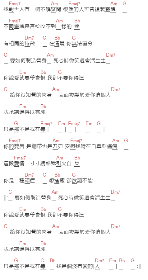 蕭敬騰《复制人》吉他谱C调和弦谱(txt)1