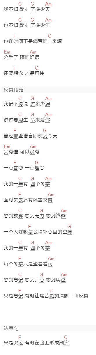 游鸿明《四个冬季》吉他谱C调和弦谱(txt)1