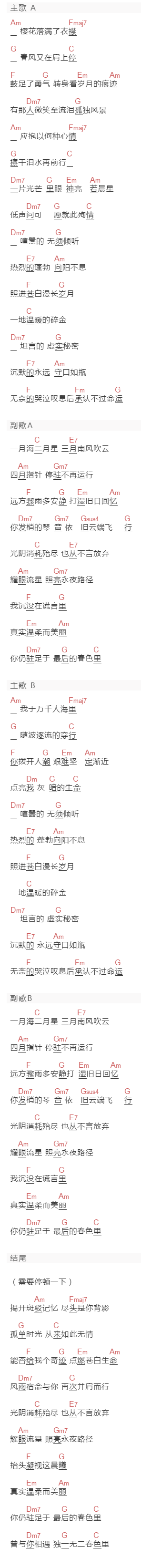 司夏《四月是你的谎言》吉他谱C调和弦谱(txt)1