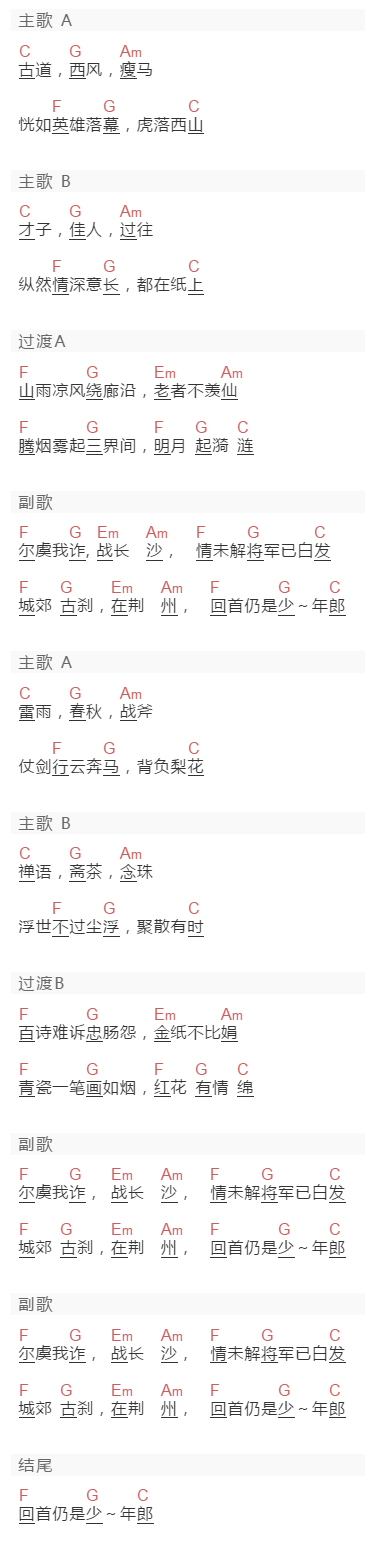 马良《回首仍是少年》吉他谱C调和弦谱(txt)1