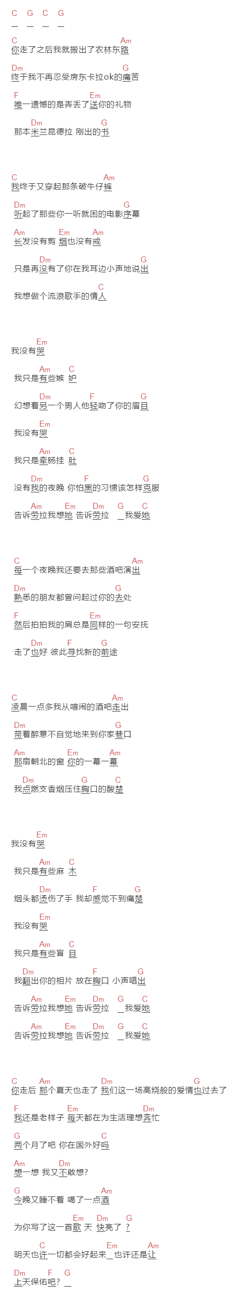 汤旭东《告诉劳拉我爱她》吉他谱C调和弦谱(txt)1