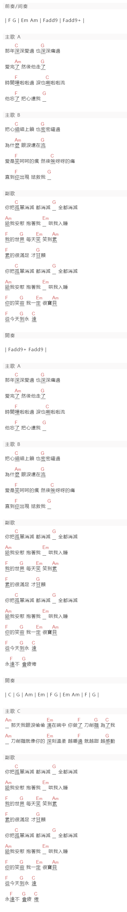 品冠《哄我入睡》吉他谱C调和弦谱(txt)1
