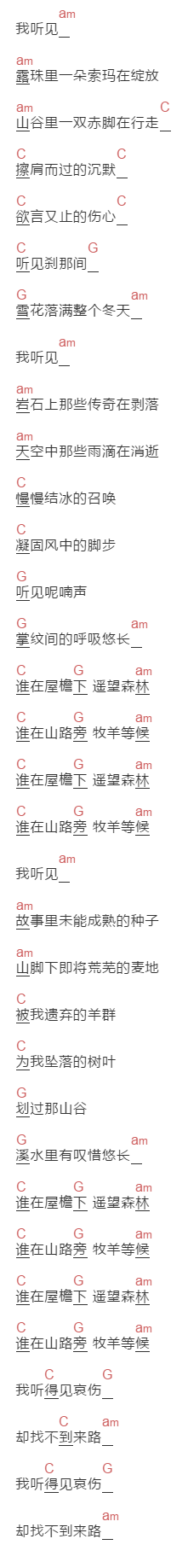 赵艺涵,吉克杰拉《听见凉山》吉他谱C调和弦谱(txt)1