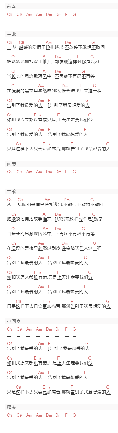 戚剑强《告别了我最爱的人》吉他谱C调和弦谱(txt)1