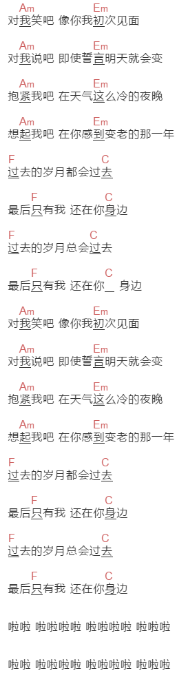 张过年《只有我》吉他谱C调和弦谱(txt)1