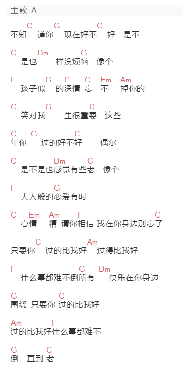 钟镇涛《只要你过的比我好》吉他谱C调和弦谱(txt)1