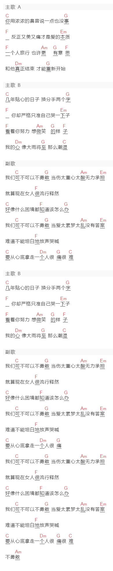 范玮琪《可不可以不勇敢》吉他谱C调和弦谱(txt)1