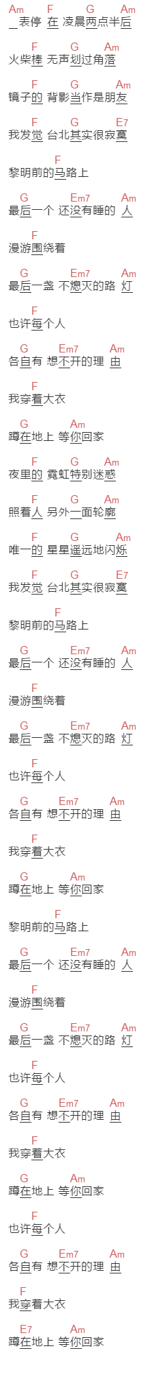 游鸿明《台北寂寞部屋》吉他谱C调和弦谱(txt)1