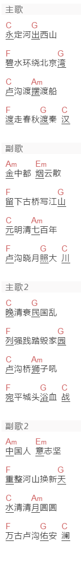 丰台五小《卢沟谣》吉他谱C调和弦谱(txt)1