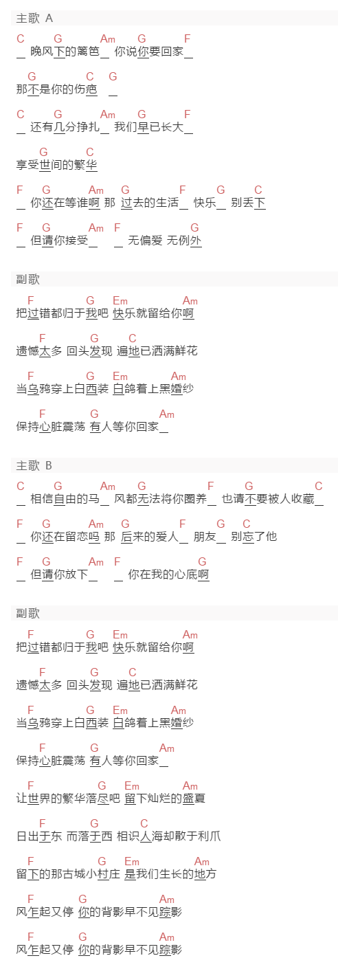 锁子《友别》吉他谱C调和弦谱(txt)1