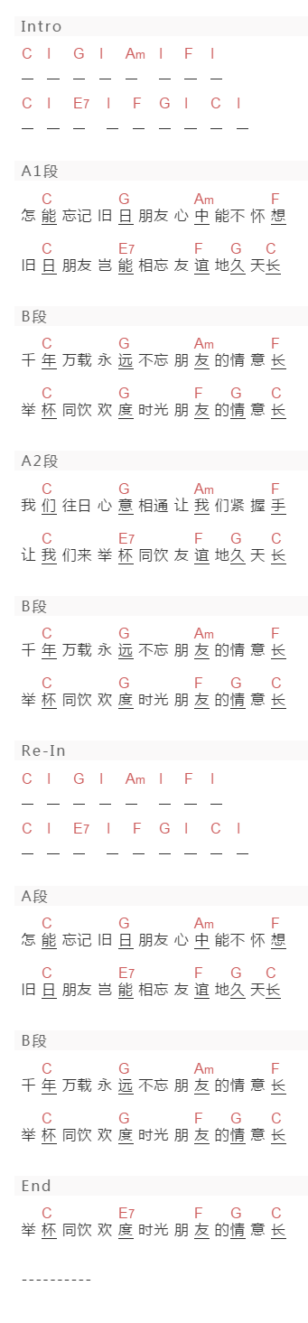 友谊天长地久《友谊天长地久》吉他谱C调和弦谱(txt)1
