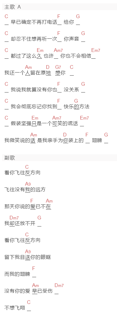 弦子《反方向》吉他谱C调和弦谱(txt)1