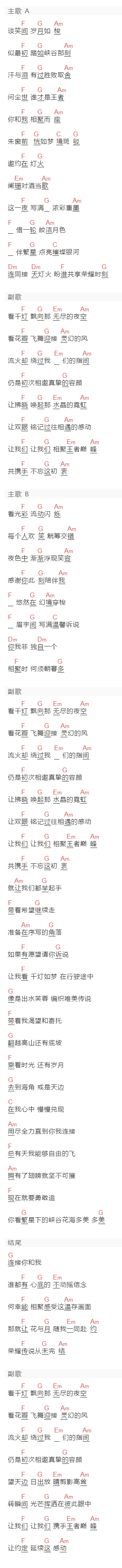 无限王者团《千灯之约》吉他谱C调和弦谱(txt)1