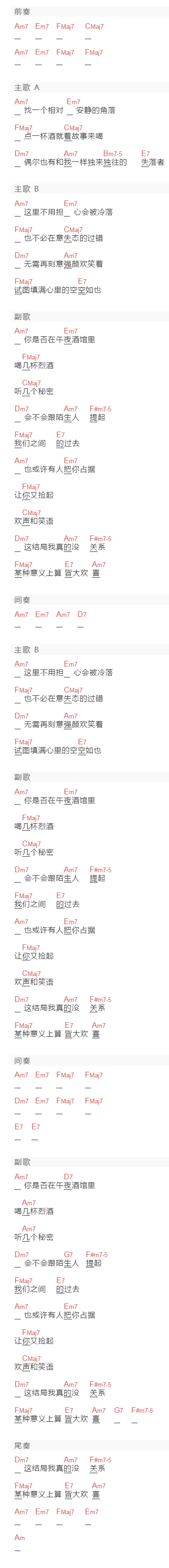 田颖《午夜酒馆》吉他谱C调和弦谱(txt)1