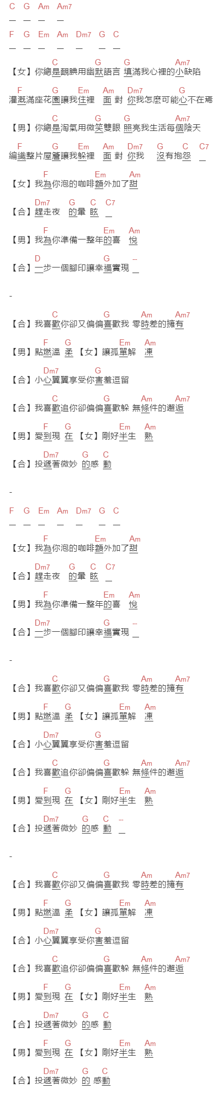 品冠(Feat.戴佩妮)《半生熟》吉他谱C调和弦谱(txt)1