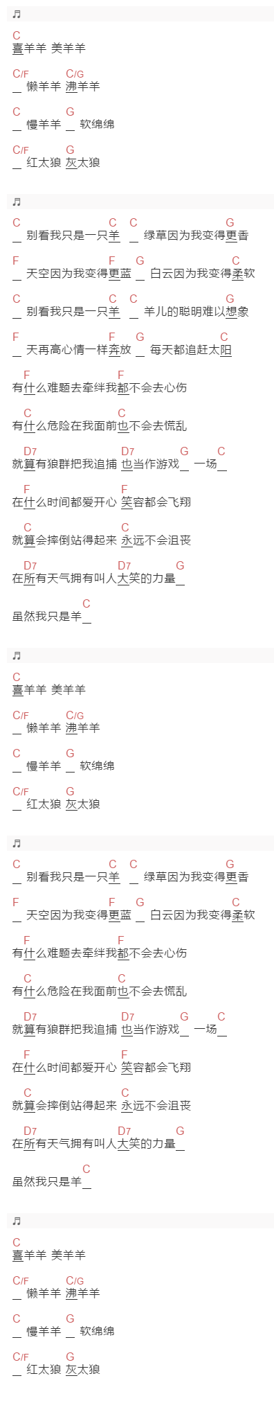 沈以诚《别看我是一只羊》吉他谱C调和弦谱(txt)1