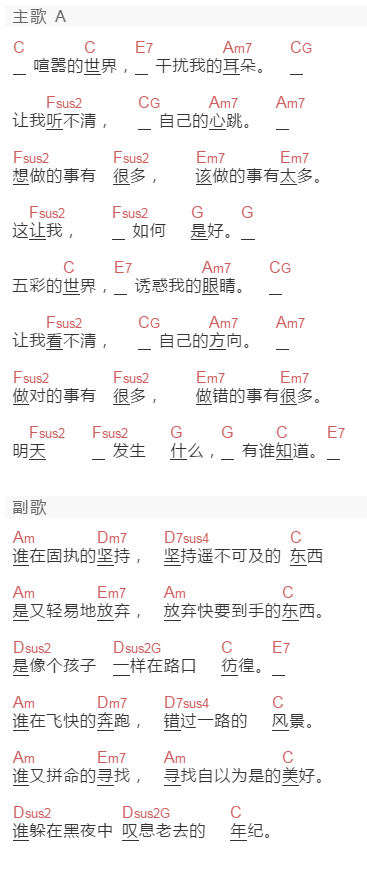 老谢《别纠结》吉他谱C调和弦谱(txt)1