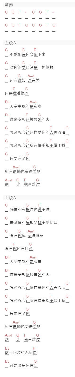 轮回乐队《别让爱你的人流泪》吉他谱C调和弦谱(txt)1