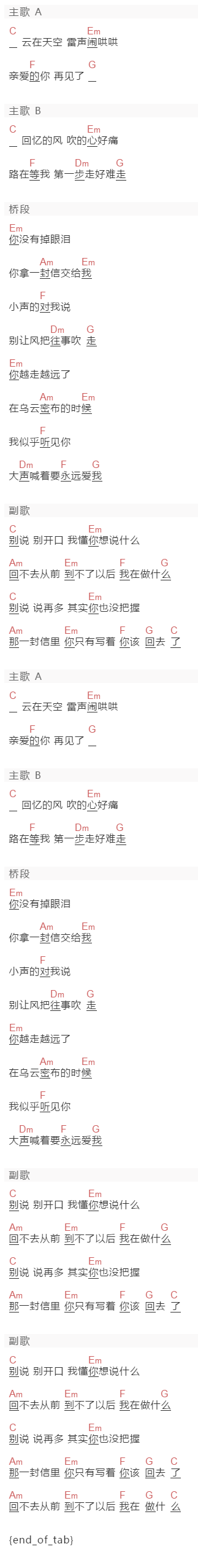 郭富城《别说》吉他谱C调和弦谱(txt)1