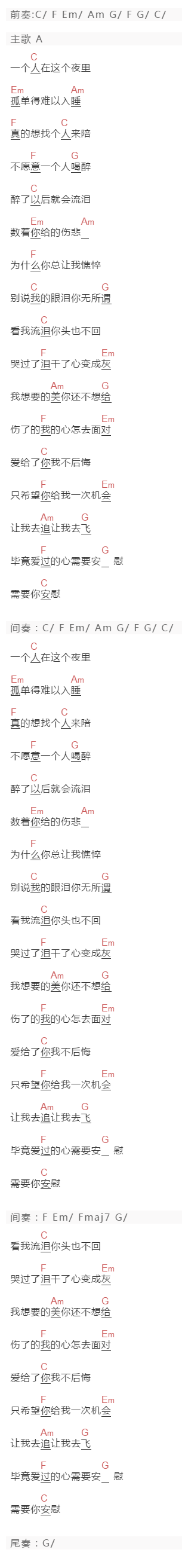 东来东往《别说你的眼泪我无所谓》吉他谱C调和弦谱(txt)1