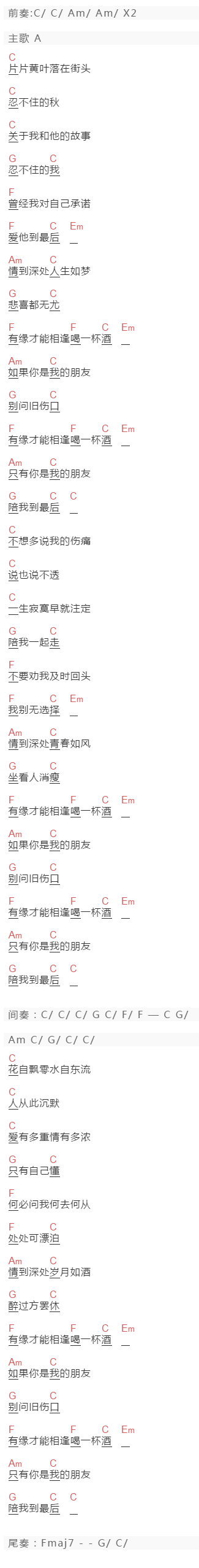 辛晓琪《别问旧伤口》吉他谱C调和弦谱(txt)1