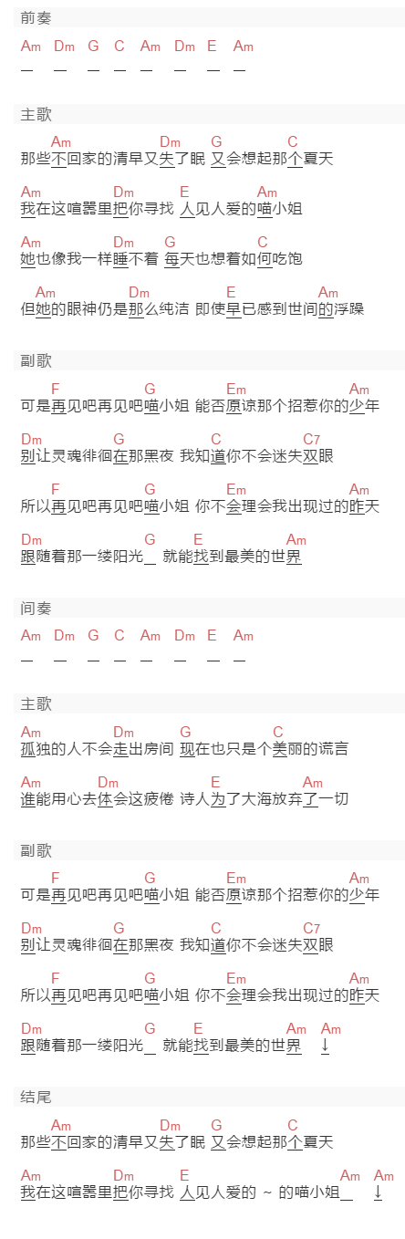王晓天《再见吧,喵小姐》吉他谱C调和弦谱(txt)1