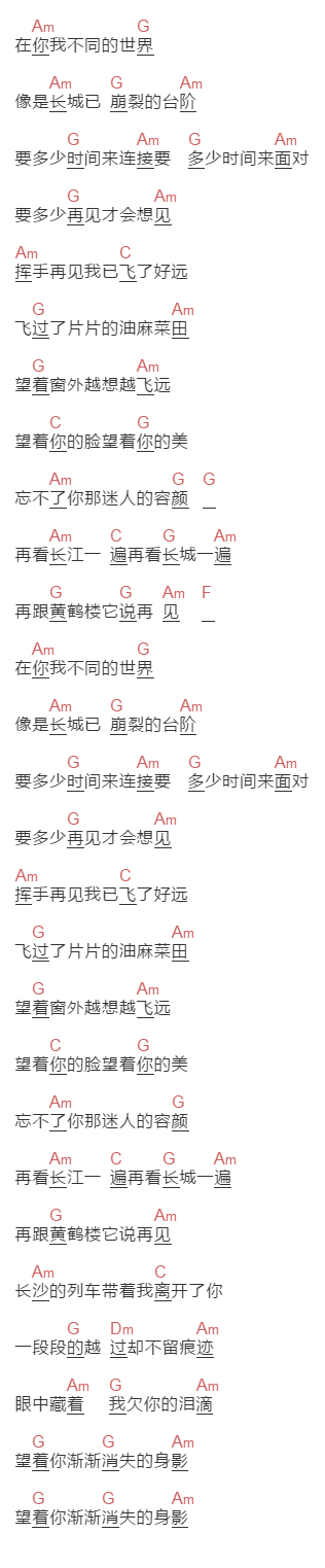 任贤齐《再见黄鹤楼》吉他谱C调和弦谱(txt)1
