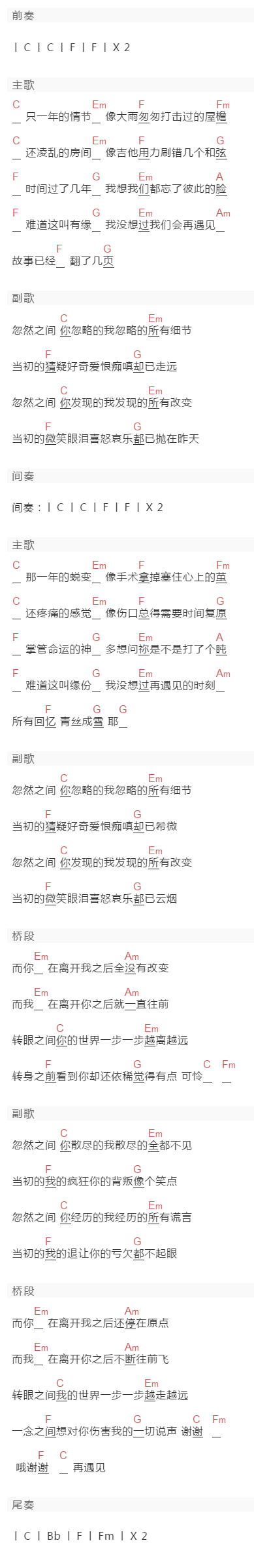 吴青峰《再遇见》吉他谱C调和弦谱(txt)1