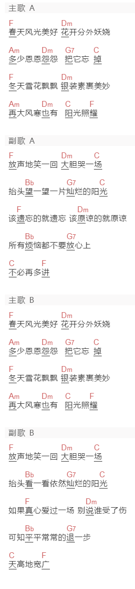 王子鸣《冬天里也有阳光》吉他谱C调和弦谱(txt)1