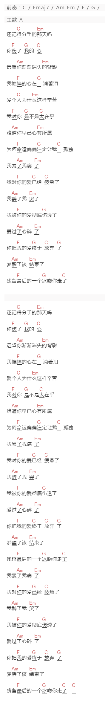 王键《冰吻》吉他谱C调和弦谱(txt)1