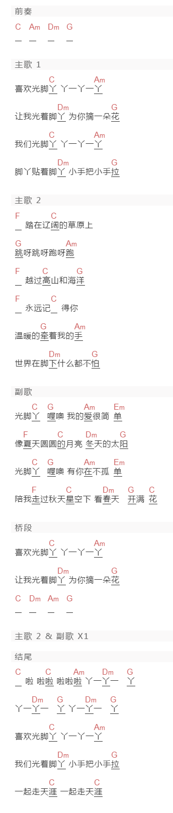 阿牛《光脚丫》吉他谱C调和弦谱(txt)1