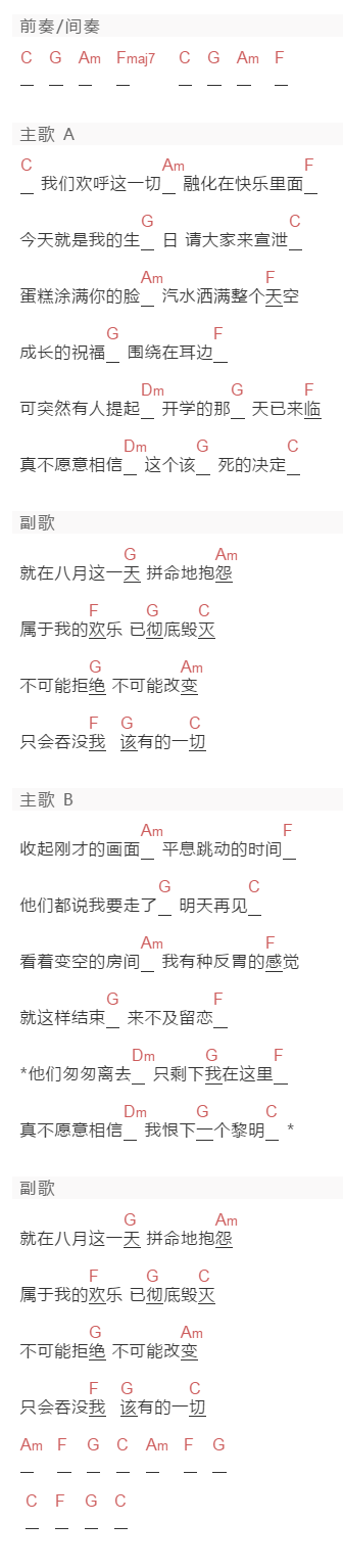 花儿乐队《八月最后一天》吉他谱C调和弦谱(txt)1