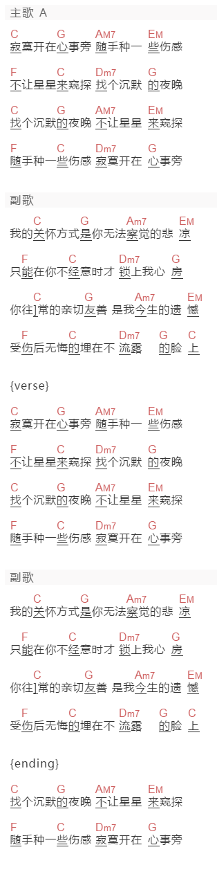 陈汉玮《关怀方式》吉他谱C调和弦谱(txt)1