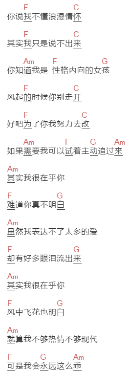 车子静《其实我很在乎你》吉他谱C调和弦谱(txt)1