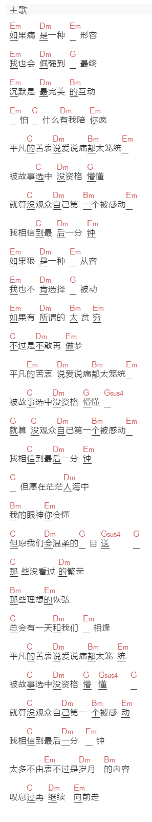 俞灏明《其实我还好》吉他谱C调和弦谱(txt)1