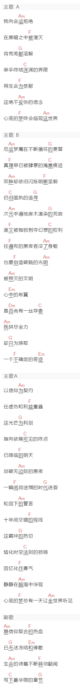 TFBOYS《信仰之名》吉他谱C调和弦谱(txt)1