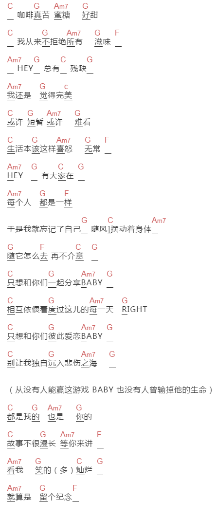 朴树《傻子才悲伤》吉他谱C调和弦谱(txt)1