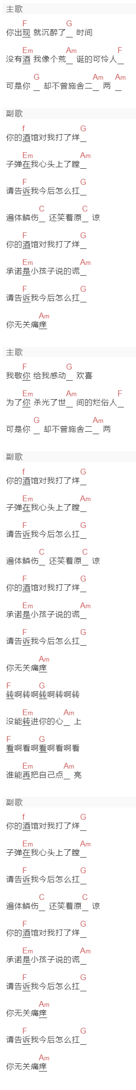 陈雪凝《你的酒馆对我打烊》吉他谱C调和弦谱(txt)1