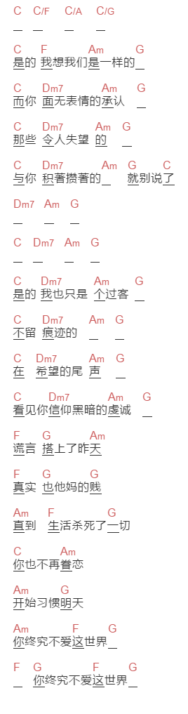Alternative《你终究不爱这世界》吉他谱C调和弦谱(txt)1