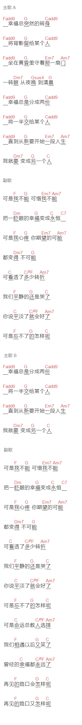 那英《那又怎样》吉他谱C调和弦谱(txt)1