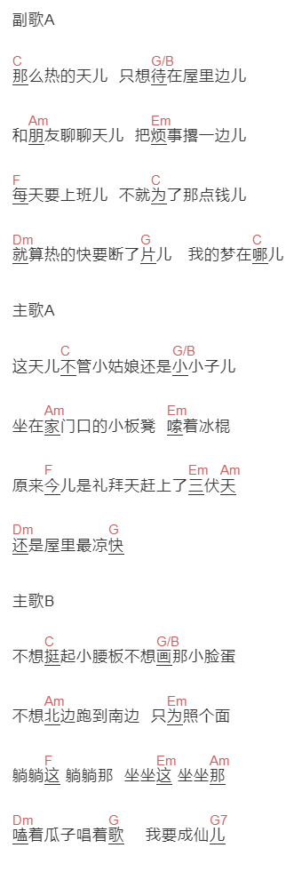 土豆王国小乐队《那么热的天》吉他谱C调和弦谱(txt)1