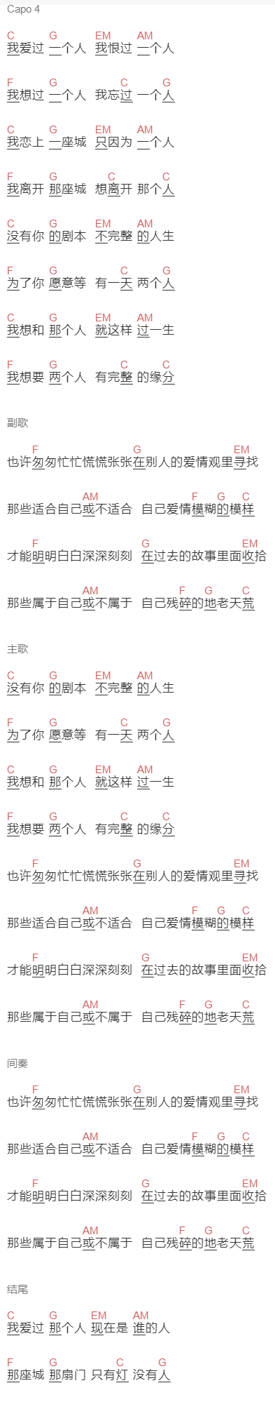 周延英《那个人》吉他谱C调和弦谱(txt)1