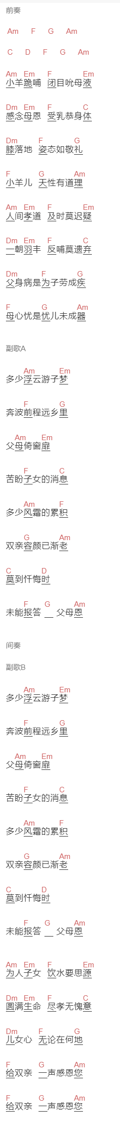 李子恒《跪羊图》吉他谱C调和弦谱(txt)1